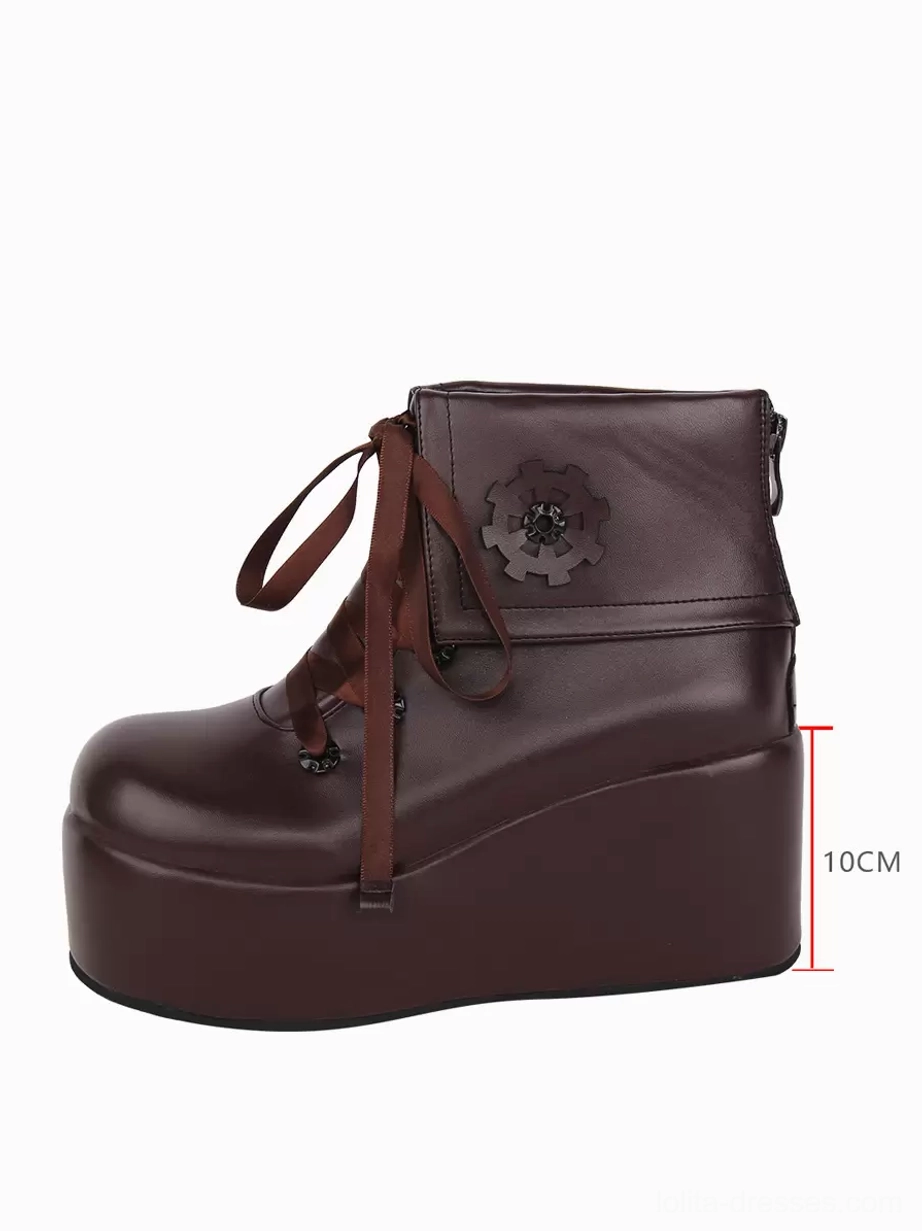 Single burgundy steampunk lolita platform boot side profile showing 10cm thick platform sole with gear applique and brown ribbon shoelaces - architectural sole view