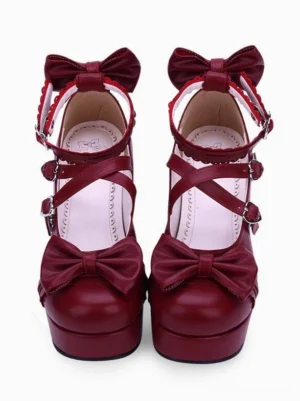 Burgundy lolita chunky heel platform shoes double crisscross ankle straps front bow scalloped collar frontal paired view