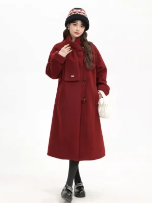 burgundy wool lolita coat three quarter front angle adjusting scarf white handbag festive holiday styling