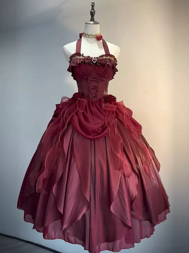 Burgundy sweet lolita dress detail view showing dimensional floral embellishments premium polyester fabric sheen and ruffled construction
