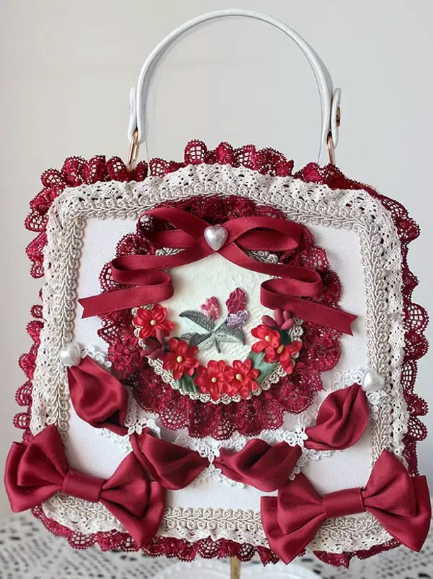 Burgundy sweet lolita PU leather handbag with burgundy satin bows layered lace trims red floral decor display stand