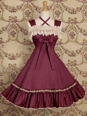 Burgundy Classic Lolita JSK dress with cross halter straps lace ruffled hem front waist bow vintage aesthetic