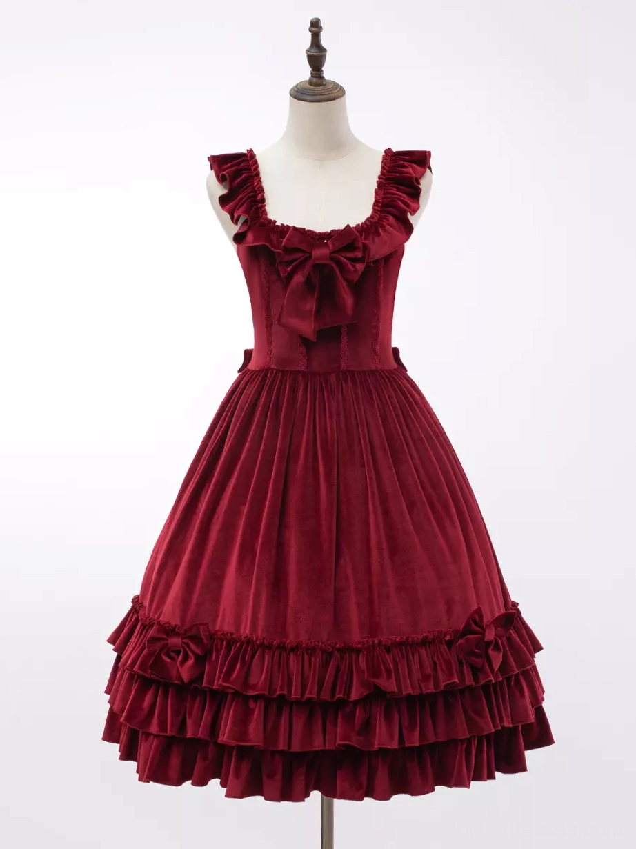 Burgundy velour sweet lolita JSK dress on dress form static display showing ruffled square neckline and double-layer ruffled skirt hem detail