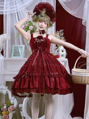 Burgundy lolita dress full body coordinate with matching red bonnet lace stockings vintage tea party styling