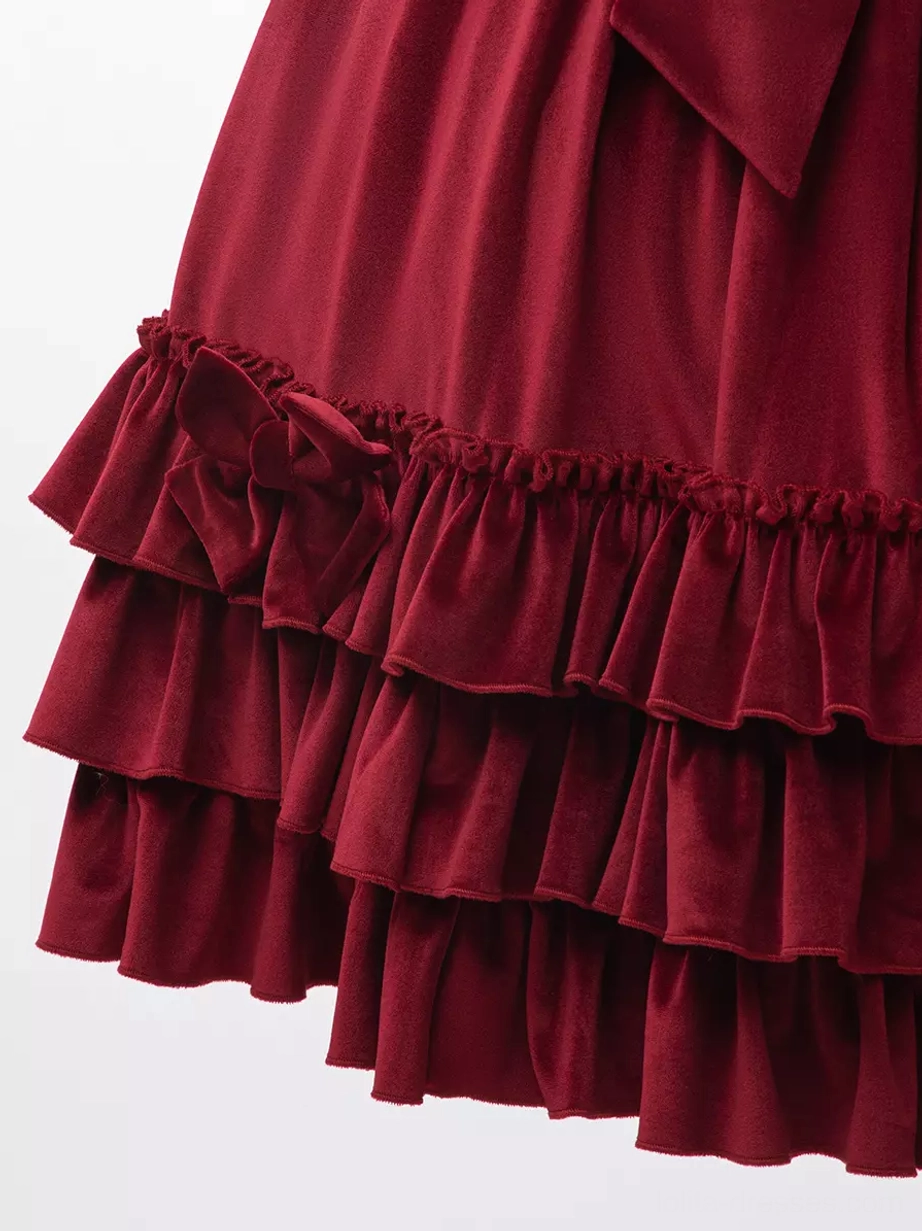 Burgundy sweet lolita JSK dress measurements and sizing reference sleeveless lolita jumper skirt with ruffled design elements