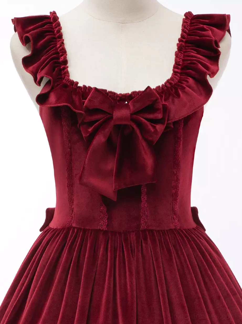 Burgundy sweet lolita JSK dress styling guide showing ruffled shoulder straps velour construction and sleeveless lolita jumper silhouette