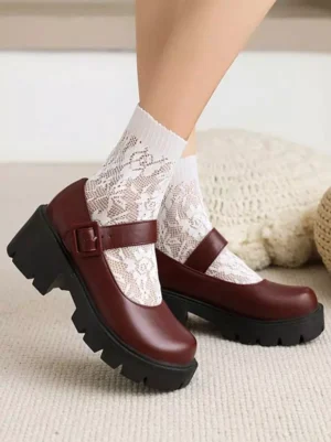 Burgundy Mary Jane Lolita shoes side profile view adjustable ankle buckle strap matte leather finish