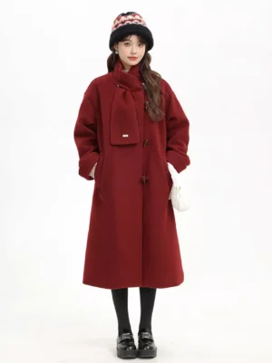 burgundy sweet lolita overcoat with attached wool scarf front full body view model wearing knitted hat black tights loafers horn buttons pocket details