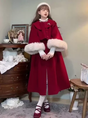 Full-length burgundy sweet lolita overcoat displaying knee-length cut and A-line silhouette, fluffy white fur sleeve cuffs, layered with ruffled lace undergarment, vintage indoor studio backdrop, complete coordinate documentation