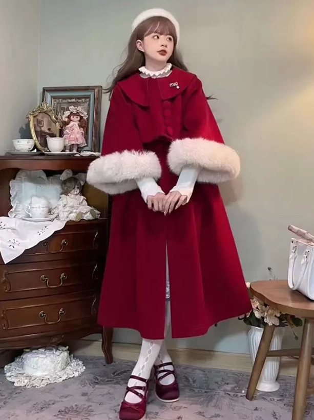 Full-length burgundy sweet lolita overcoat displaying knee-length cut and A-line silhouette, fluffy white fur sleeve cuffs, layered with ruffled lace undergarment, vintage indoor studio backdrop, complete coordinate documentation