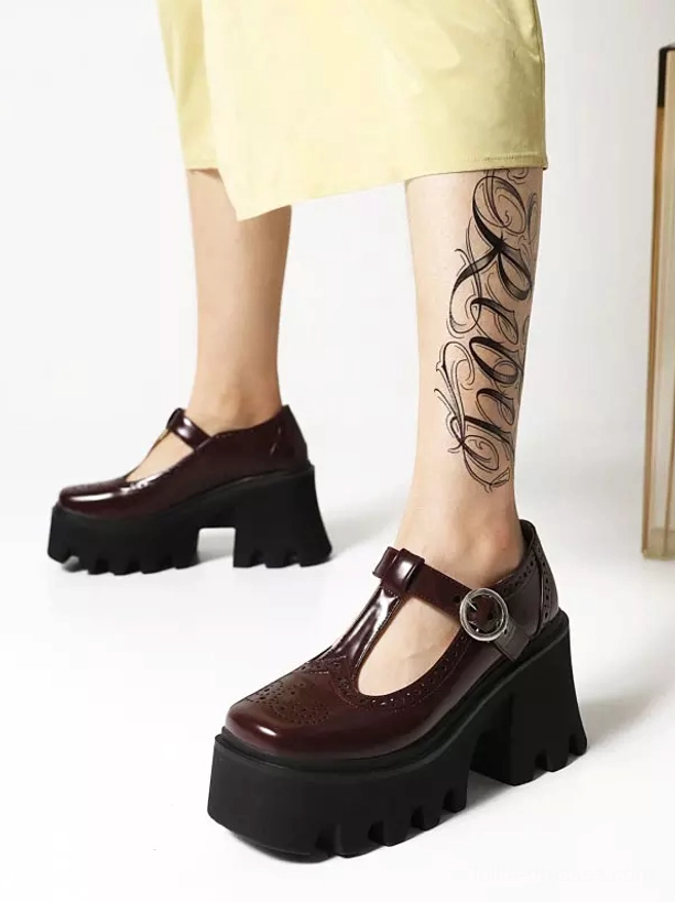 Burgundy lolita platform pumps side angle displaying polished patent leather and thick chunky platform heel construction
