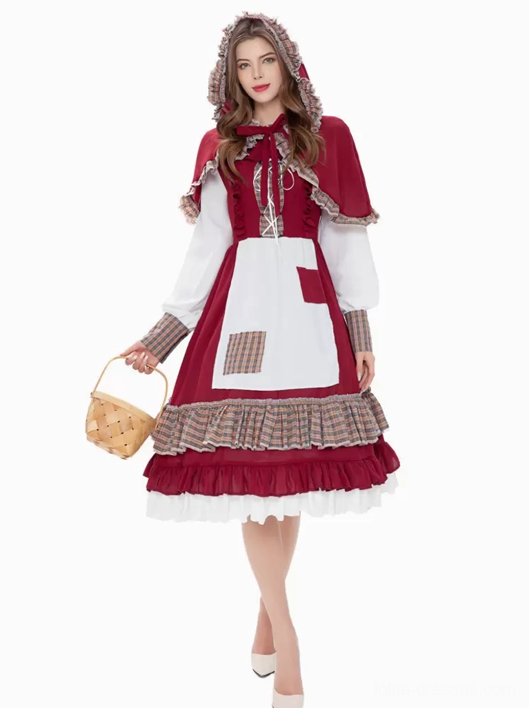 Burgundy red riding hood classic lolita dress - full front studio view - lace-up front bodice with matching hooded cape - plaid and ruffled decorative details - woven basket prop