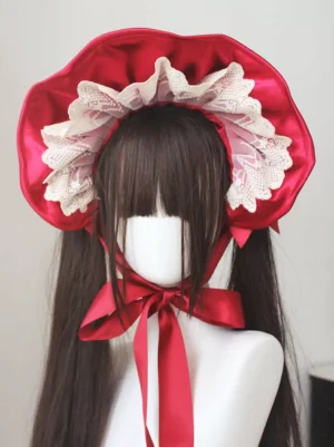 Burgundy lolita ruffled bonnet headdress front view with long red satin neck fastening ties classic gothic accessory