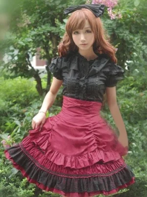 Burgundy wine red lolita skirt front full view outdoor garden setting tiered ruffled hem high waist style