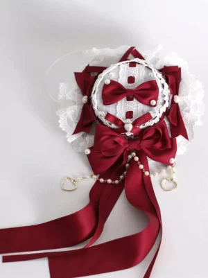 Burgundy lolita headdress mini top hat clip featuring layered satin bows and delicate lace trim with pearl embellishments