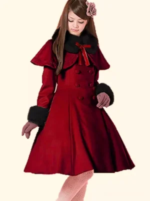 Burgundy lolita wool coat with white faux fur trim red bow tie capelet double-breasted front view