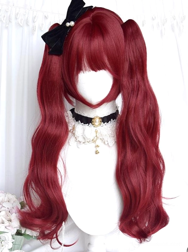 Burgundy twin-tail lolita wig displayed on mannequin with straight bangs big wavy texture and black bow hair clip with lace choker