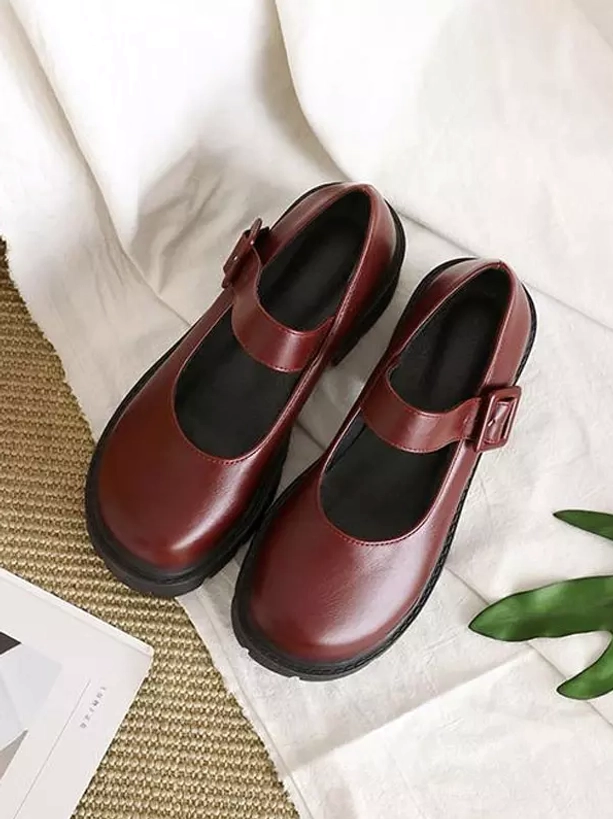 Burgundy Mary Jane Lolita pumps flat lay overhead view glossy pu leather round closed toe design