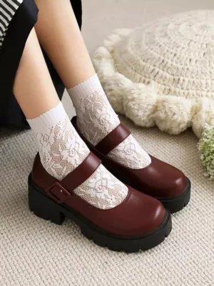 Burgundy Mary Jane Lolita pumps worn with lace socks frontal view showing buckle ankle strap chunky heel block sole