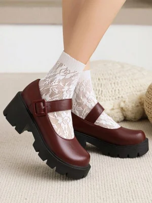 Burgundy Mary Jane platform lolita pumps side view worn with lace socks showing adjustable ankle buckle strap and chunky lugged sole academic style