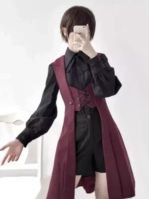 Wine red Ouji Lolita lace-up long waistcoat with corset front detail worn over black shirt - front three-quarter mirror selfie view