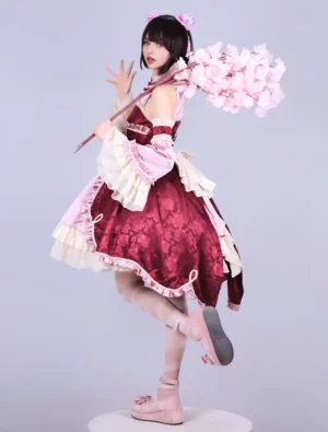 Qi-style Lolita dress oblique angle showing asymmetrical hem, jacquard fabric texture, off-shoulder halter design and layered skirt construction