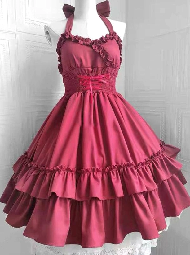 Burgundy deep red gothic lolita halter dress with lace-up waist, halter bow and dramatic two-tier ruffled skirt silhouette