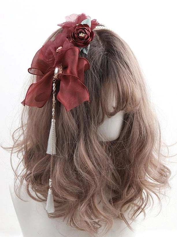 Burgundy Rococo Lolita headdress with deep red rose and tassel chain pendant back view on display