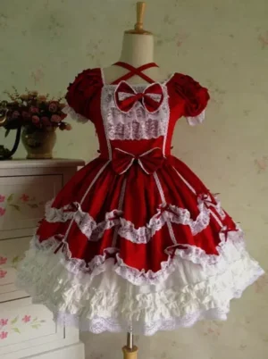 Burgundy rococo lolita JSK dress with layered ruffles and bow decorations front view on dress form