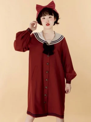 Burgundy sailor sweet lolita overcoat with bow details single-breasted buttons and flowing long sleeves