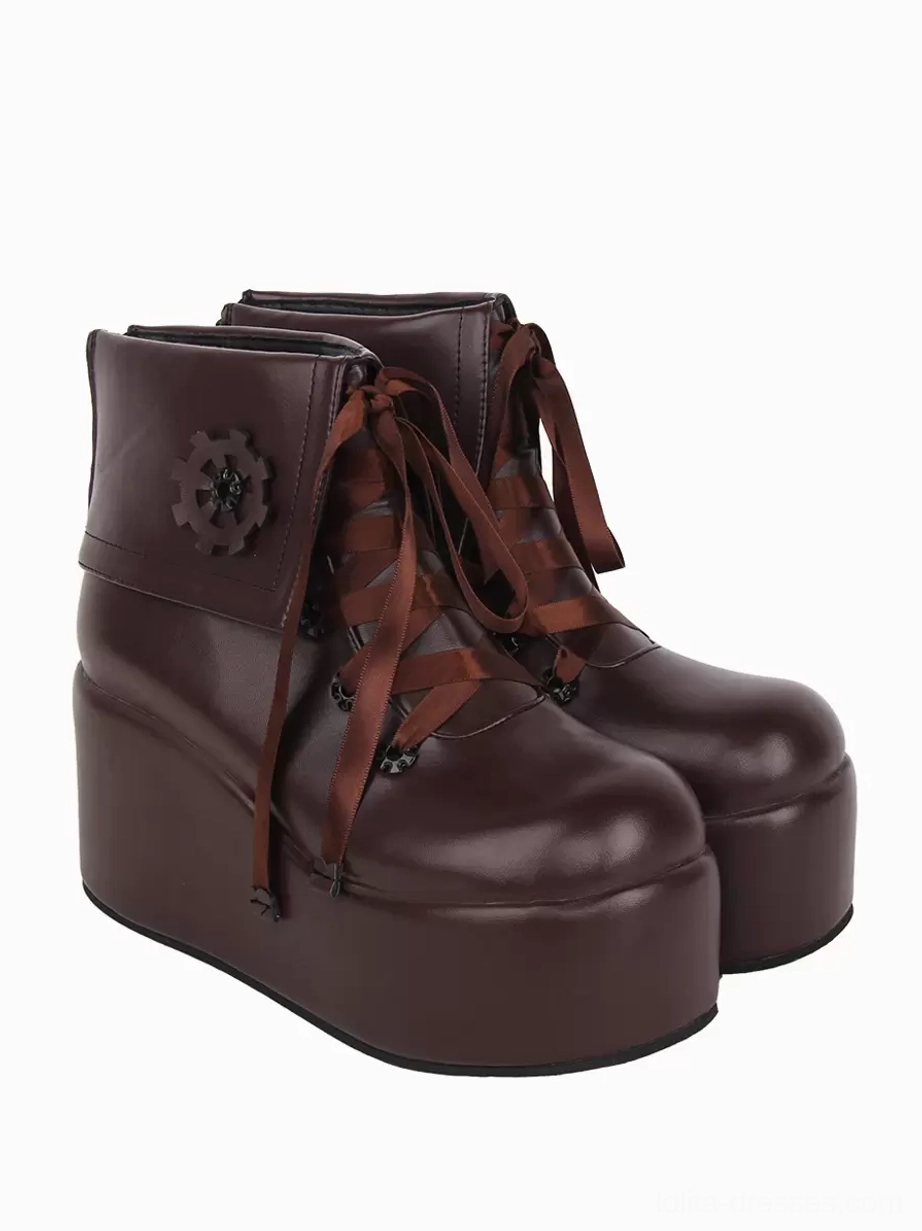 Burgundy steampunk lolita platform boots with gear applique embellishment and brown ribbon shoelaces - left angle view showing matte finish and decorative details