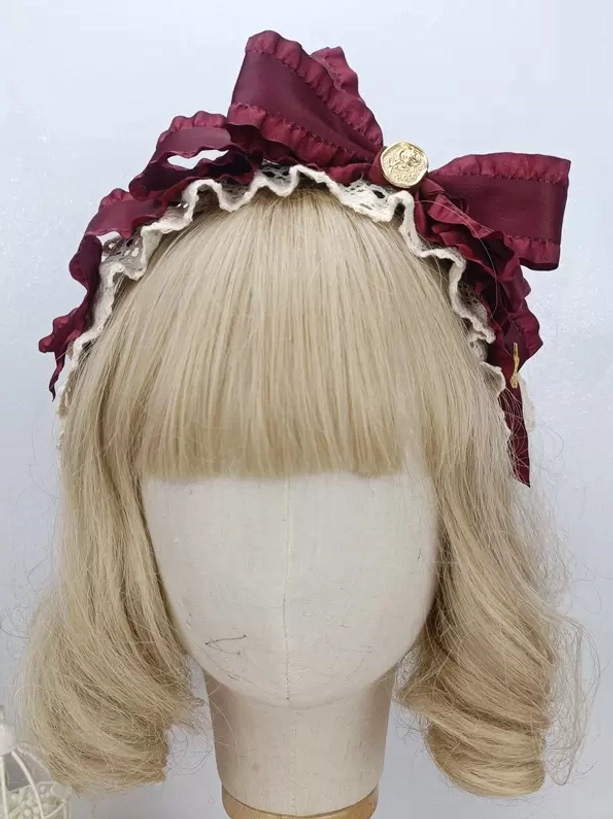 Burgundy striped lolita bow hairband with beige ruffles and gold round brooch - sweet lolita headwear for tea party and casual wear
