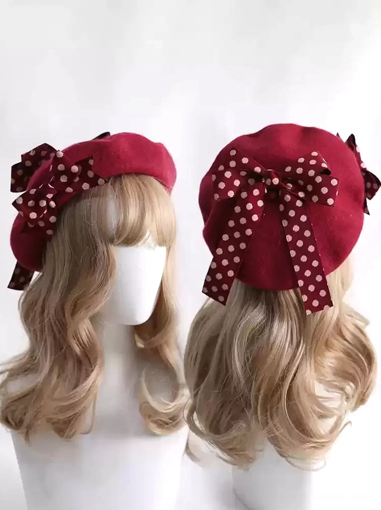 burgundy sweet lolita beret with polka dot ribbon bow front and back view on blonde curly wig mannequin