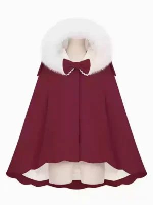 Burgundy wine red Sweet Lolita cape overcoat featuring white fuzzy collar trim, coordinating bow accent, and scalloped hem detail