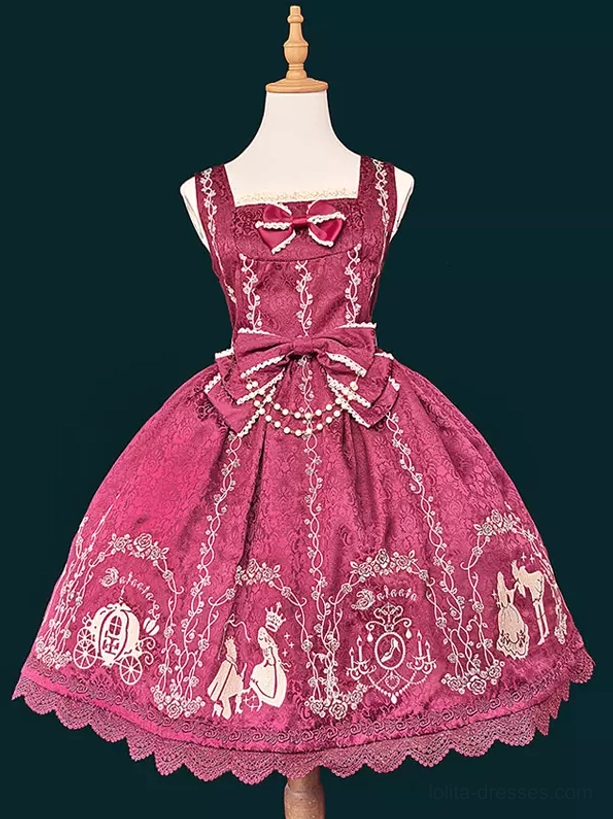 Burgundy sweet lolita jumper dress front view with lace hem white embroidery pearl bow decoration romantic color