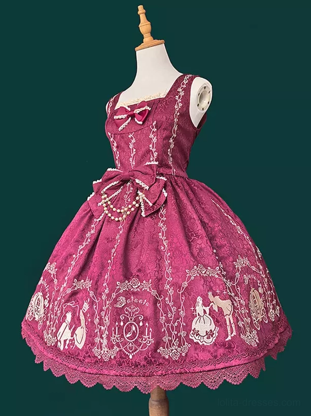 Burgundy sweet lolita jumper dress side front view showing waist bow skirt embroidery lace hem silhouette