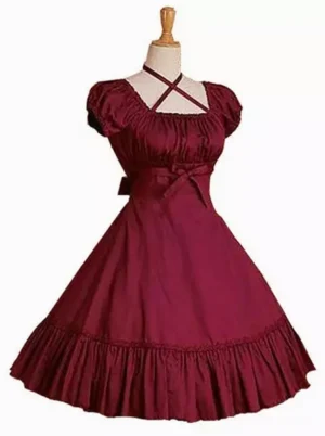 Burgundy sweet Lolita one-piece dress with cross halter square neckline, puffed short sleeves with ruffled hem, ruched bust detail, and layered ruffled skirt hem - front view