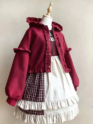 Burgundy sweet lolita ruffled coat front flat lay view on dress form with tiered skirt and lace details