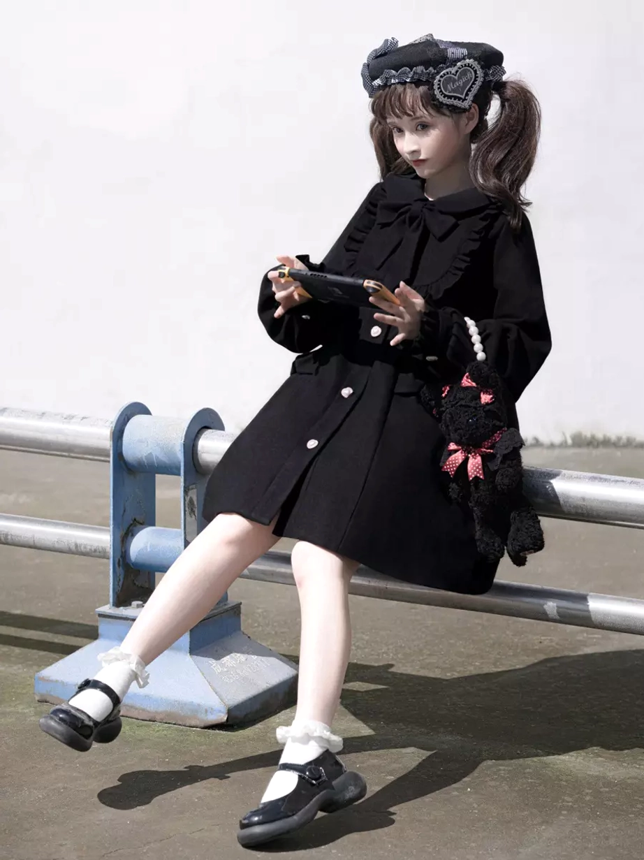 Burgundy tailor made sweet lolita overcoat elegant classic styling showing rich color depth peter pan collar ruffled design sophistication