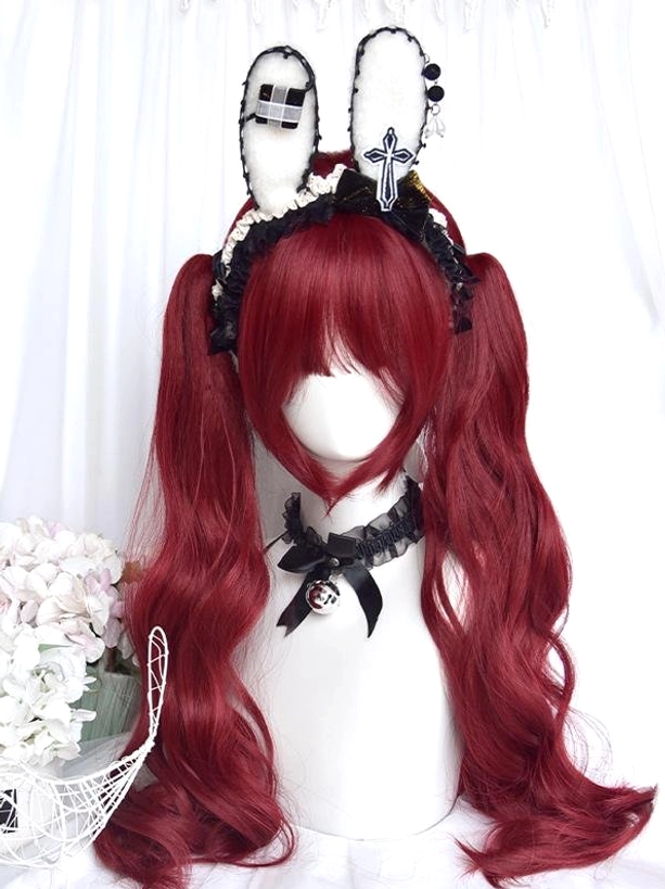 Burgundy long wavy twin-tail lolita wig with bunny ear headband cross decor straight bangs and lace choker on mannequin