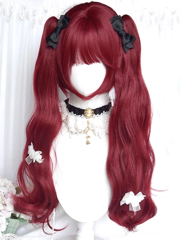 Burgundy twin-tail lolita wig on mannequin showing smooth wavy texture straight bangs styled with white satin bow hair clips and fancy lace choker