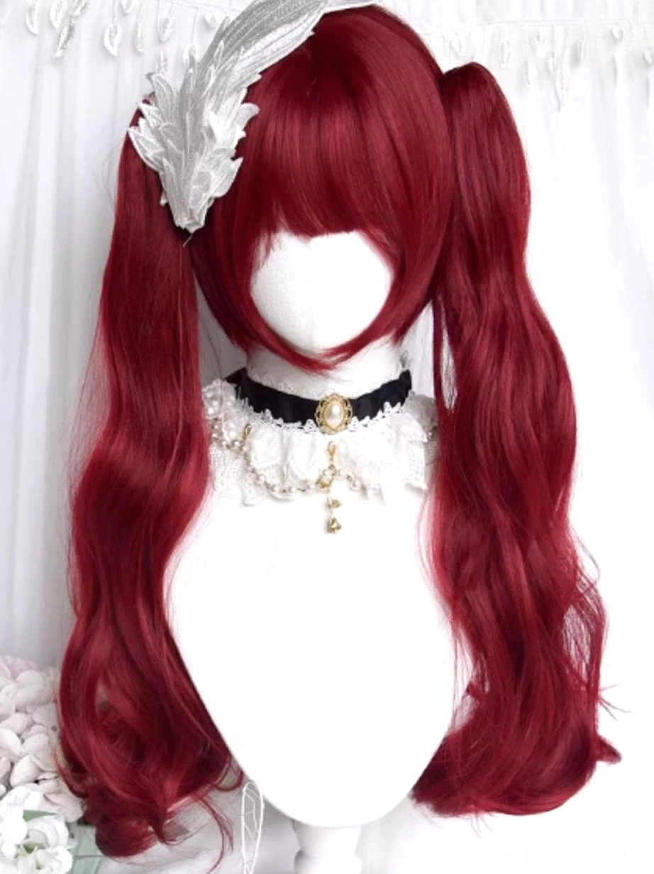Burgundy long wavy twin-tail lolita wig styled with white feather hair ornament straight bangs big voluminous waves and lace choker