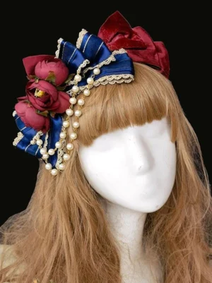 burgundy wine-red velvet lolita headdress with navy satin lace and pearl pendant accents side view classic lolita accessory