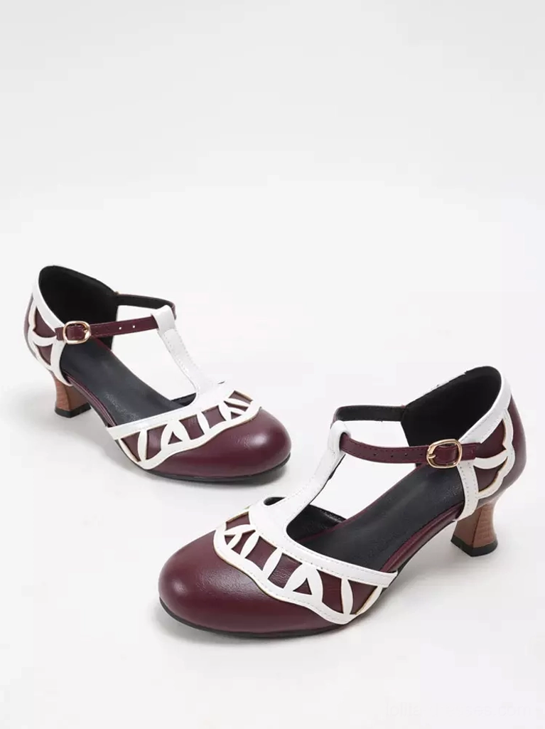 Burgundy and white T-strap Lolita pumps flat lay presentation, showing round toe geometry, cutout details, and color coordination