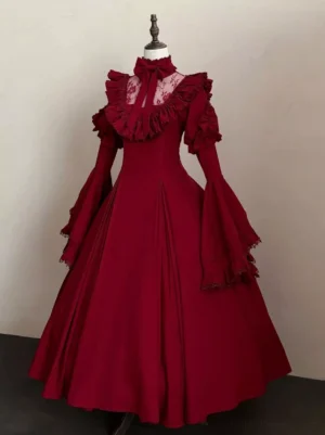 Burgundy wine red gothic lolita long dress high neck ruffled collar A-line floor length skirt