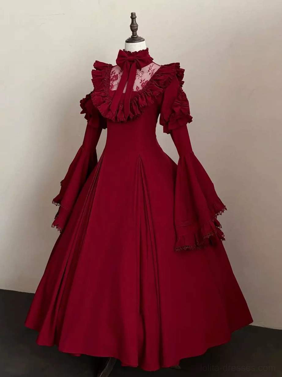 Burgundy wine red gothic lolita long dress high neck ruffled collar A-line floor length skirt