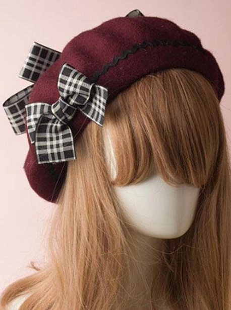 Burgundy wool lolita beret with gingham plaid bow front view mannequin ricrac trim scalloped edge