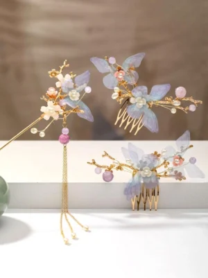 Butterfly hair combs and tassel hairpin set lolita fashion gold twig metal accents gradient fabric butterflies pastel bead pearl decorations warm background