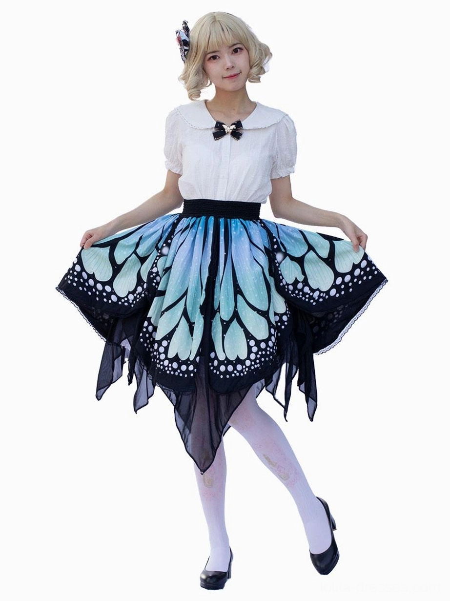 Sweet lolita butterfly skirt full-body front view on model wearing white blouse, black flat shoes, and white stockings, displaying complete outfit coordination