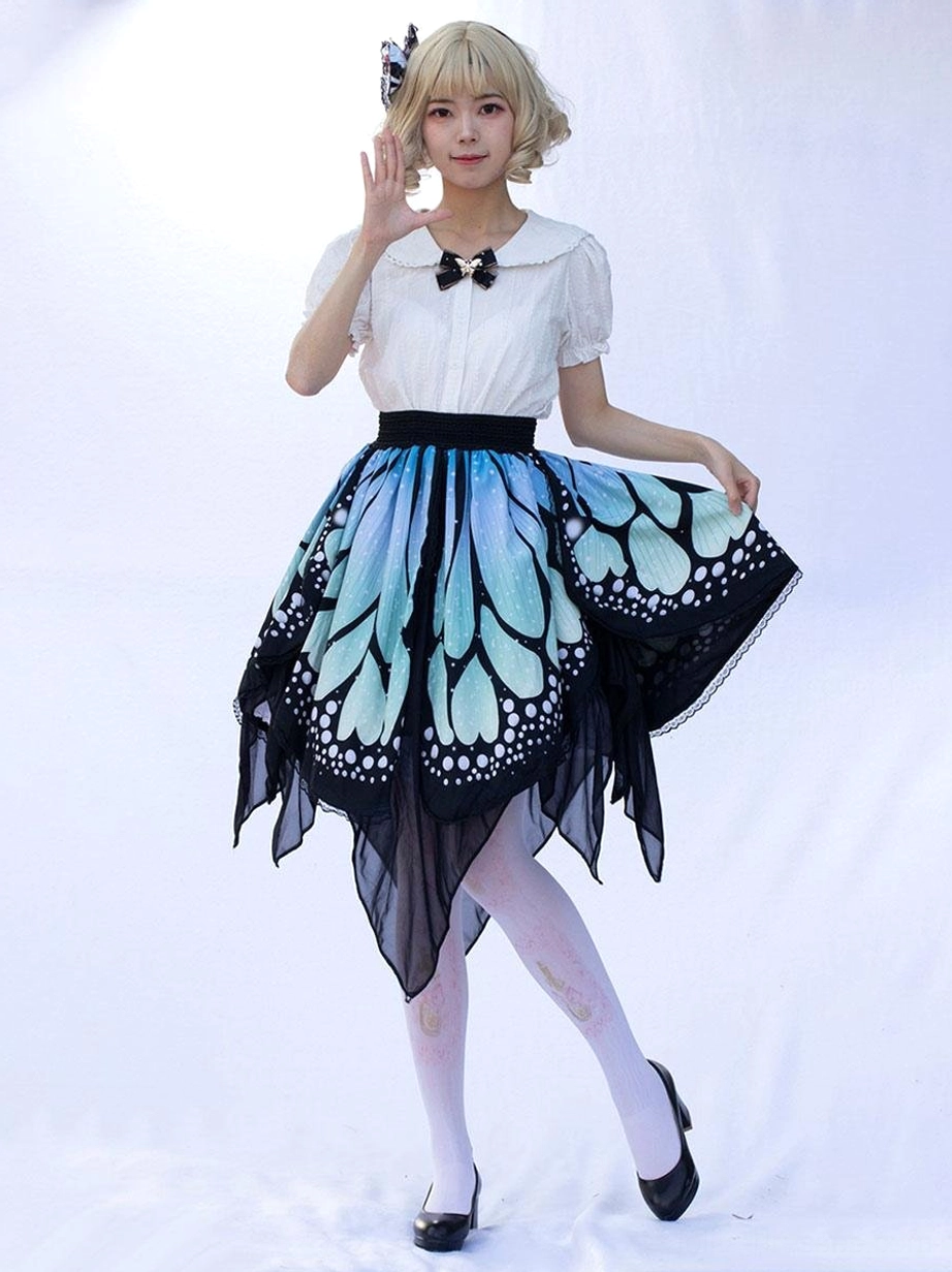Lolita butterfly print skirt front full-body view on model in white blouse with bow collar, showing complete butterfly wing print design and handkerchief hem silhouette